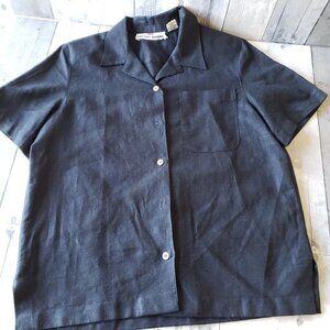 Vintage Cristian Trapani Black Linen Cotton Blend Short Sleeve Top - Size M